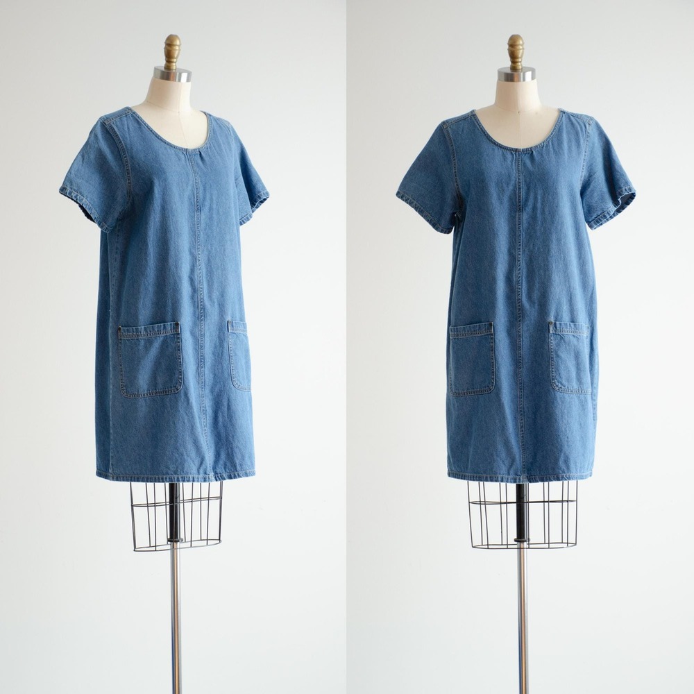 Vintage Denim Mini Dress 90s Y2K Short Sleeve Jean Shift M Blue Patch Pockets